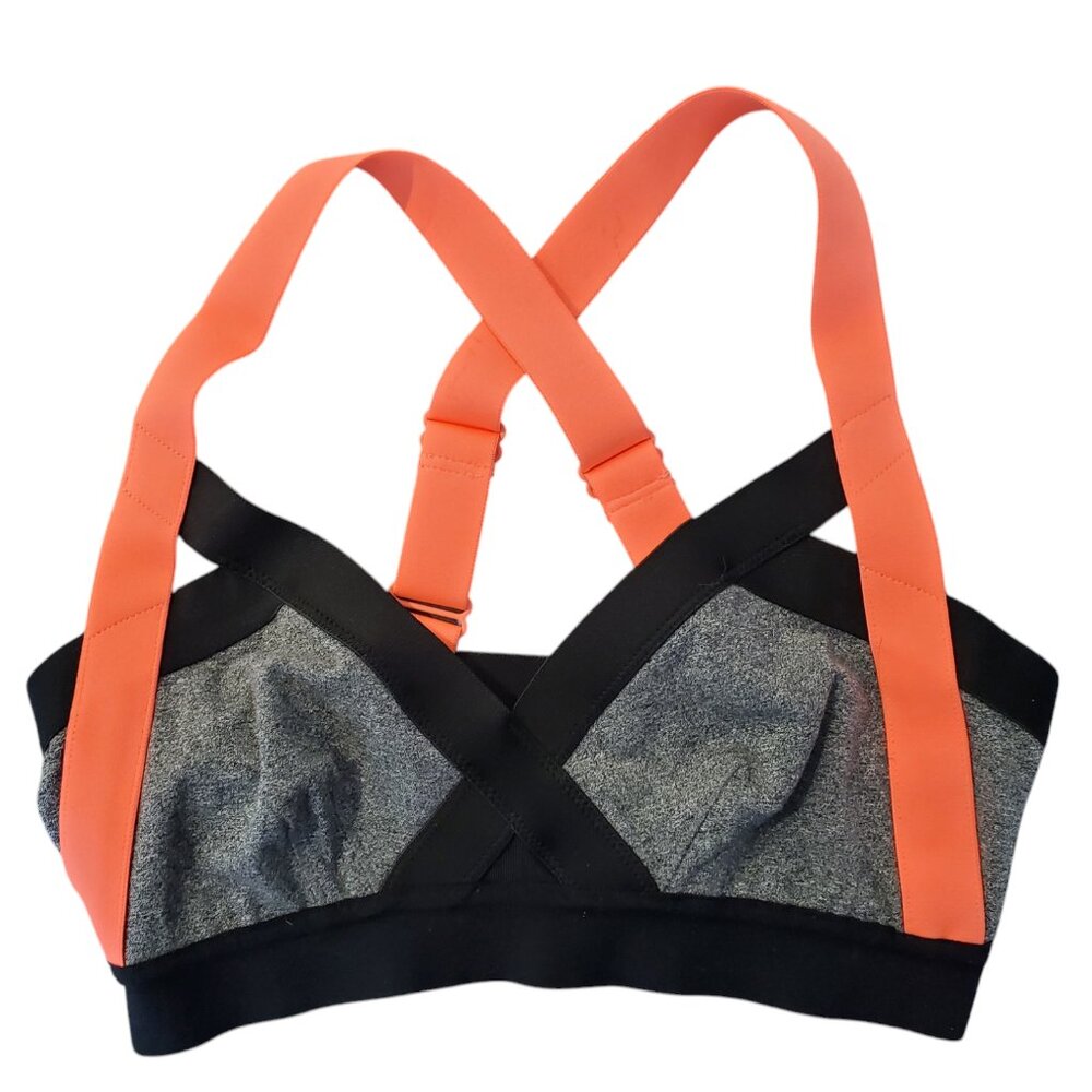 Stylish Grey & Black Bralette with Vibrant Orange Cross-Back Straps